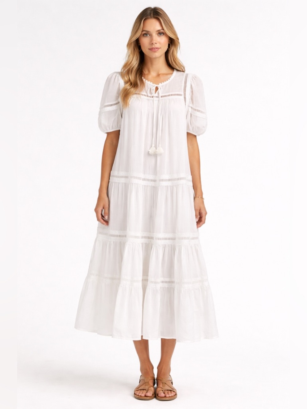 Seraé Thea Boho Maxi Dress White Medium Lace Trim Puff Sleeve Tiered